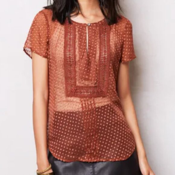 Anthropologie Rust Grassland Swiss Dot Pintuck Silk Short Sleeve Blouse Top - Picture 1 of 8